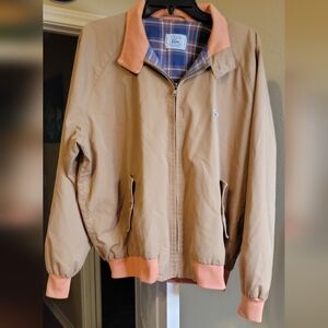VTG IZOD Lacoste Jacket Mens Tan Bomber Jacket with Plaid Accents